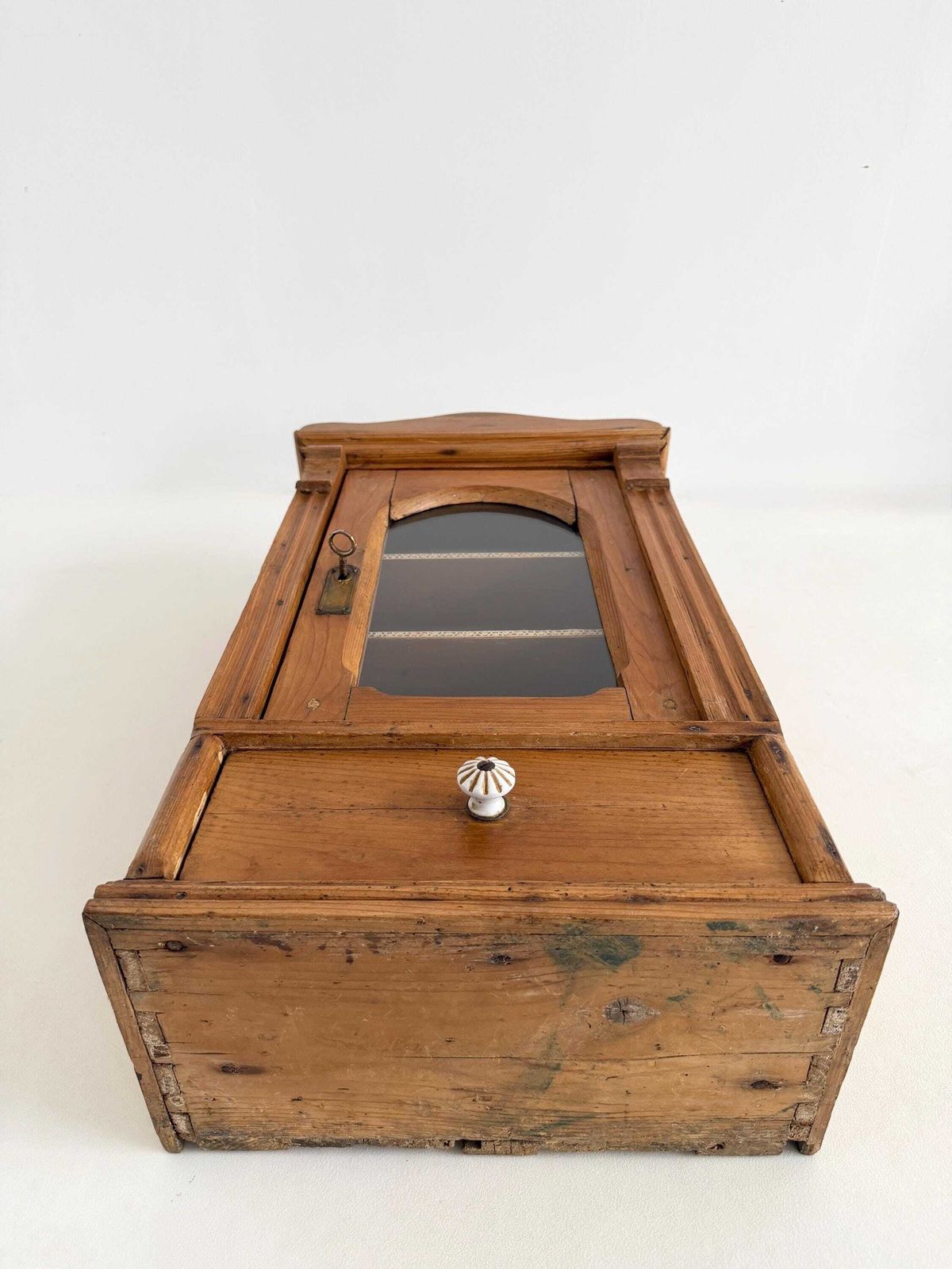 photo vintage Antique Pine Hanging Cabinet With Glass Door, Lock & Key, Rustic Wall Cabinet With Drawer, Farmhouse Cupboard