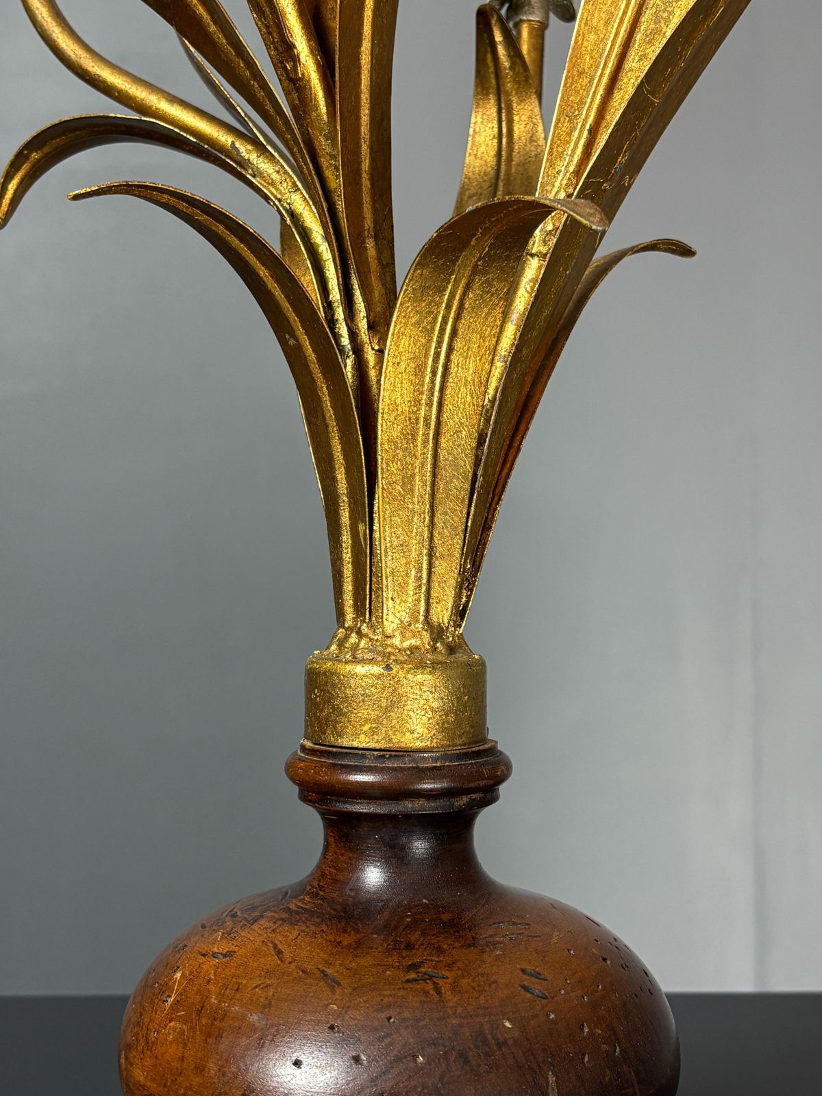 photo for sale Midcentury Hollywood Regency Florentine Gilt Metal Flower Table Lamp, 60s.