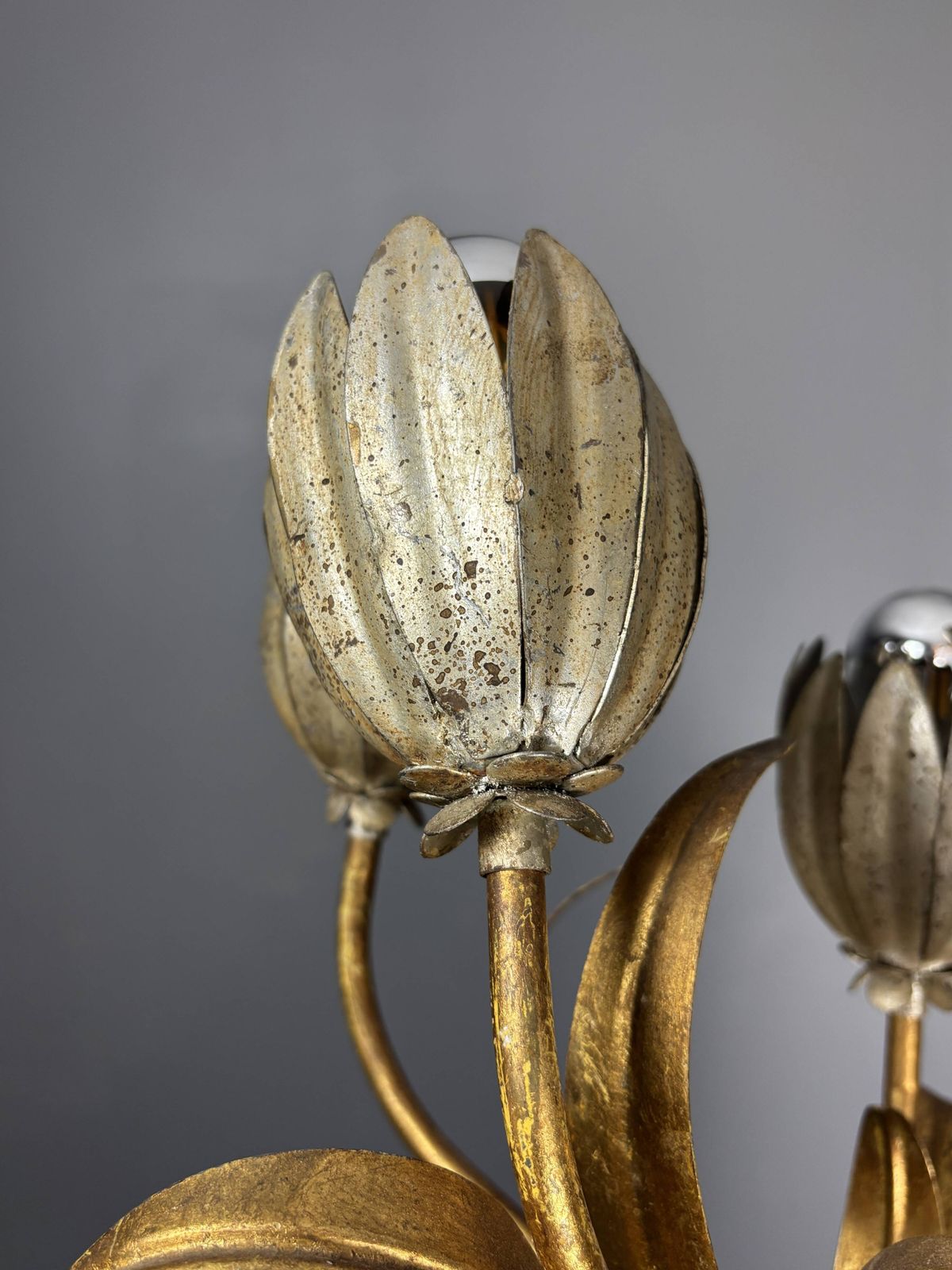 Lighting Midcentury Hollywood Regency Florentine Gilt Metal Flower Table Lamp, 60s. photo