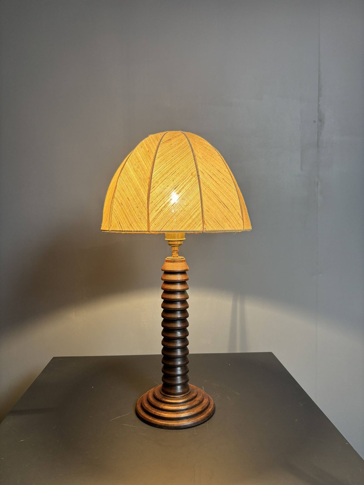 525.0 Midcentury Brutalist Wood Turned Table Lamp In Charles Dudouyt Style, 1950s photo