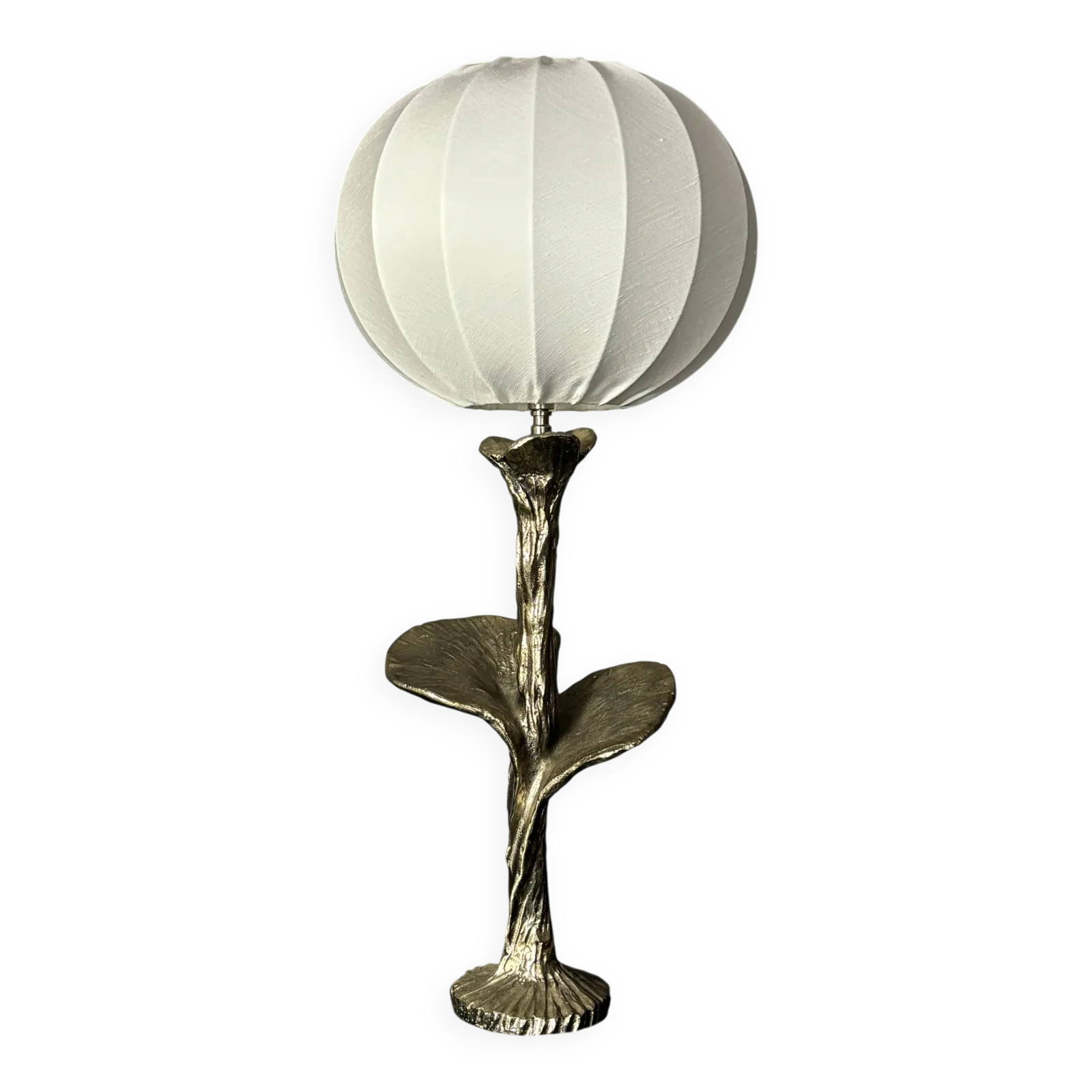 Lampe de table en laiton massif argenté avec abat-jour en tissu cocon, sur mesure, années 1970