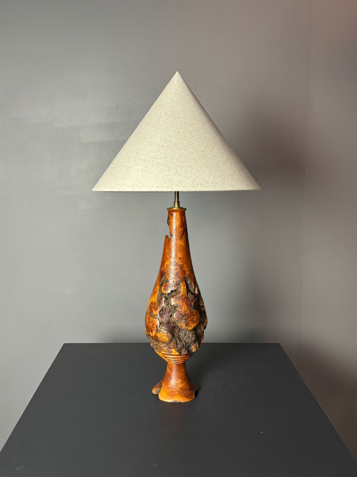 Sculptural Artisanal Brutalist Midcentury Burl Wood Turned Table Lamp 1960s photo Lighting