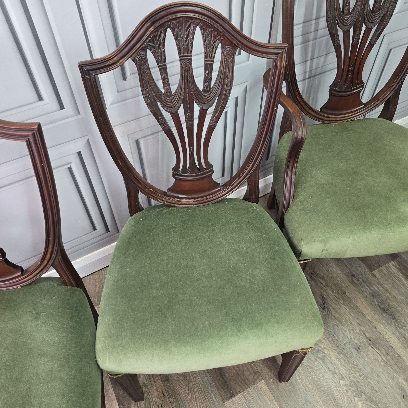 Antique Dining Chairs Set Of 6 Hepplewhite Style Mahogany Shield Back Seats photo vinterior