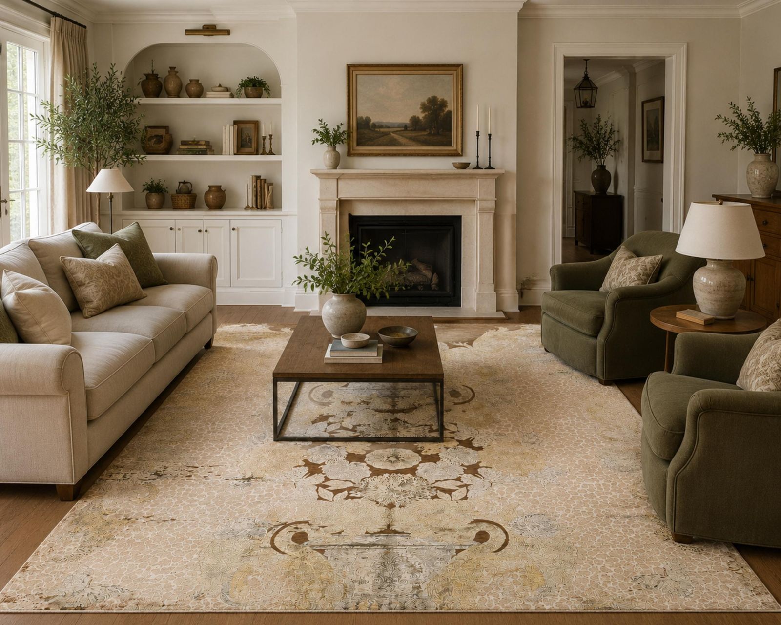 Modern tapijt, handgeweven zijden vloerkleed, beige bruin, abstract bloemmotief in ivoor photo furniture