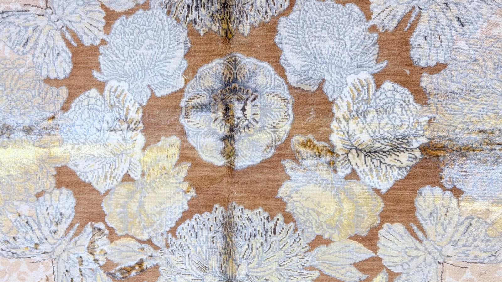 Modern Carpet Handwoven Silk Rug Baige Brown Abstract Floral Design In Ivory photo for sale
