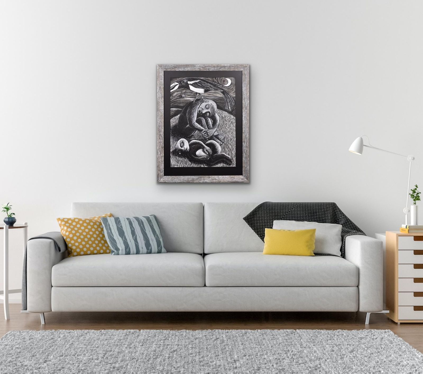 The Thief. Ingelijst pastelwerk, eind 20e eeuw, van de Welshe kunstenaar Julian Ruddock, geboren 1965. Symbolistische en expressionistische stijlen. photo vinterior