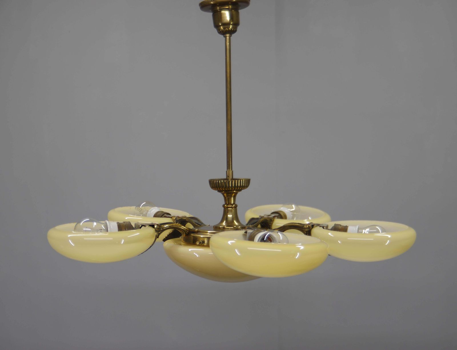 photo for sale Art Nouveau Six Light Brass Chandelier By Jencik, Czechoslovakia, 1920s, Labeled