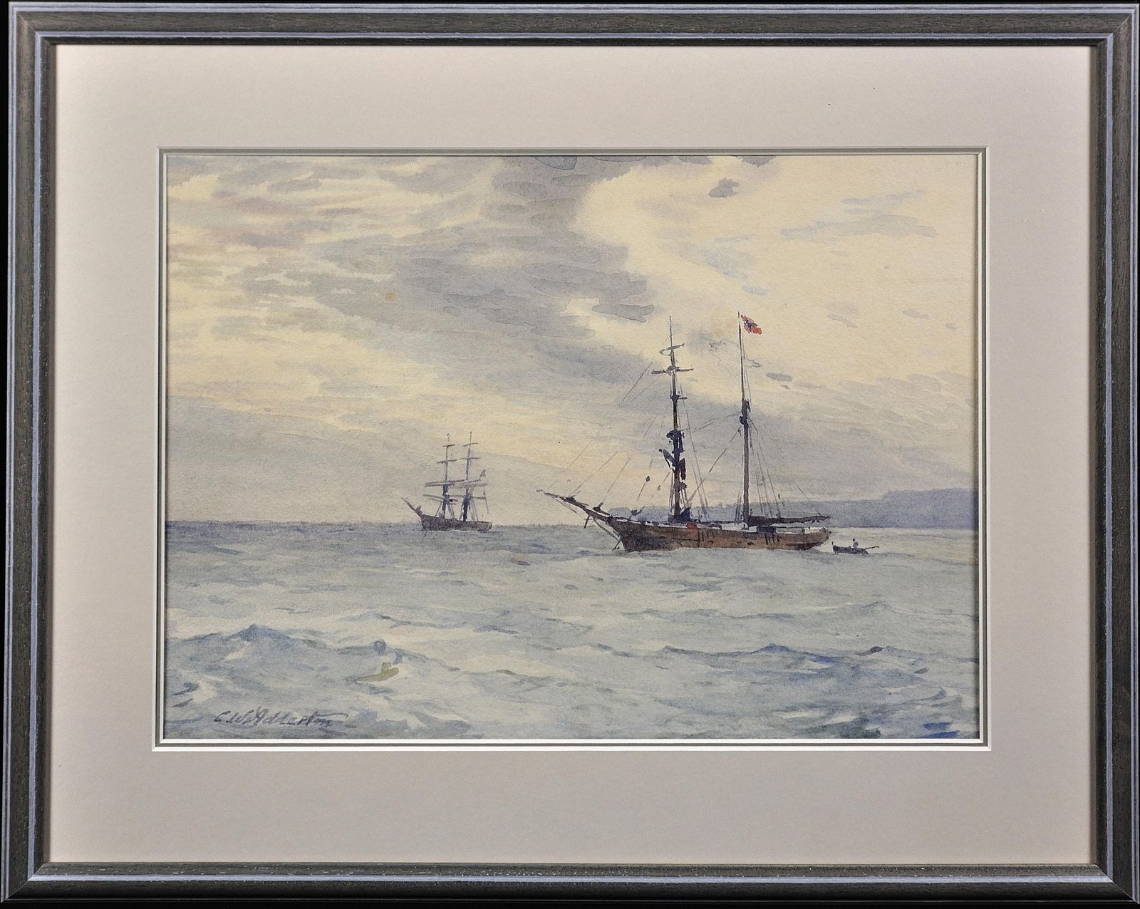 Charles William Adderton, 1866-1944. Barques norvégiennes à l'ancre, Lyme Bay, Devon et Dorset. Aquarelle marine victorienne encadrée.