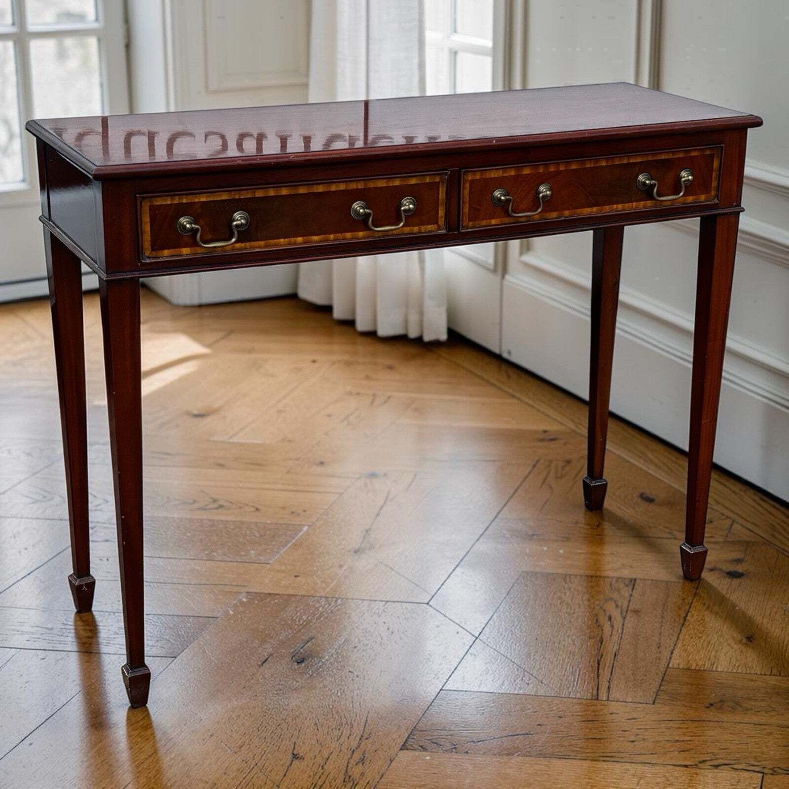 Console Table, Inlaid Mahogany With 2 Drawers. photo furniture