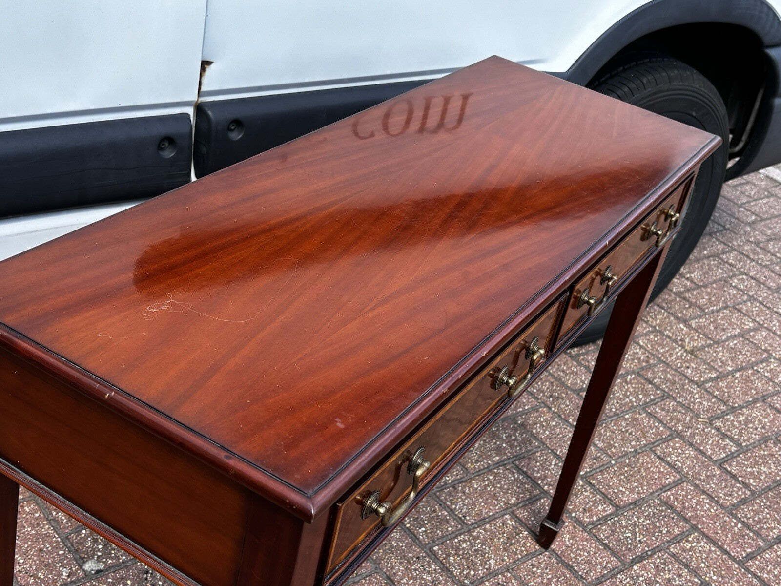 Console Table, Inlaid Mahogany With 2 Drawers. photo vintage