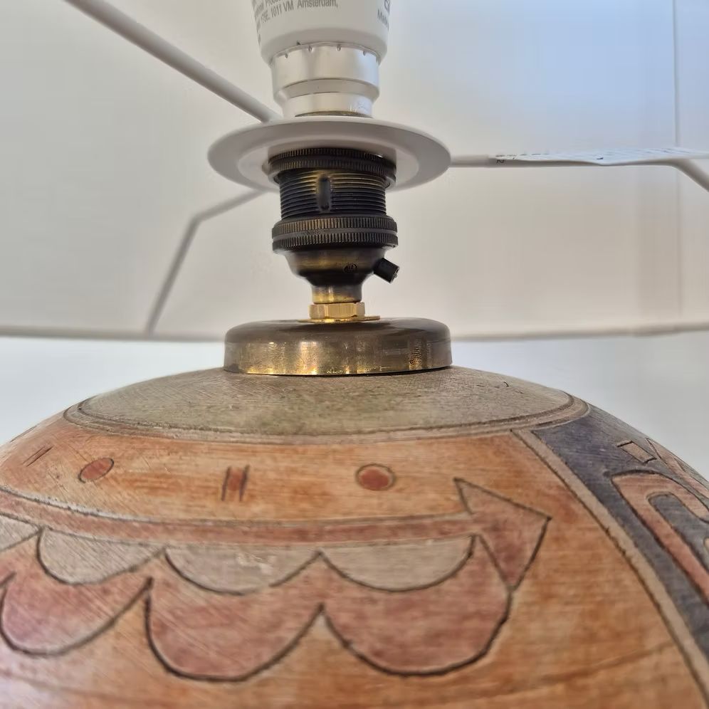 1970's French Painted Terracotta Lamp: Mid Century Modernist Brutalist Style photo for sale