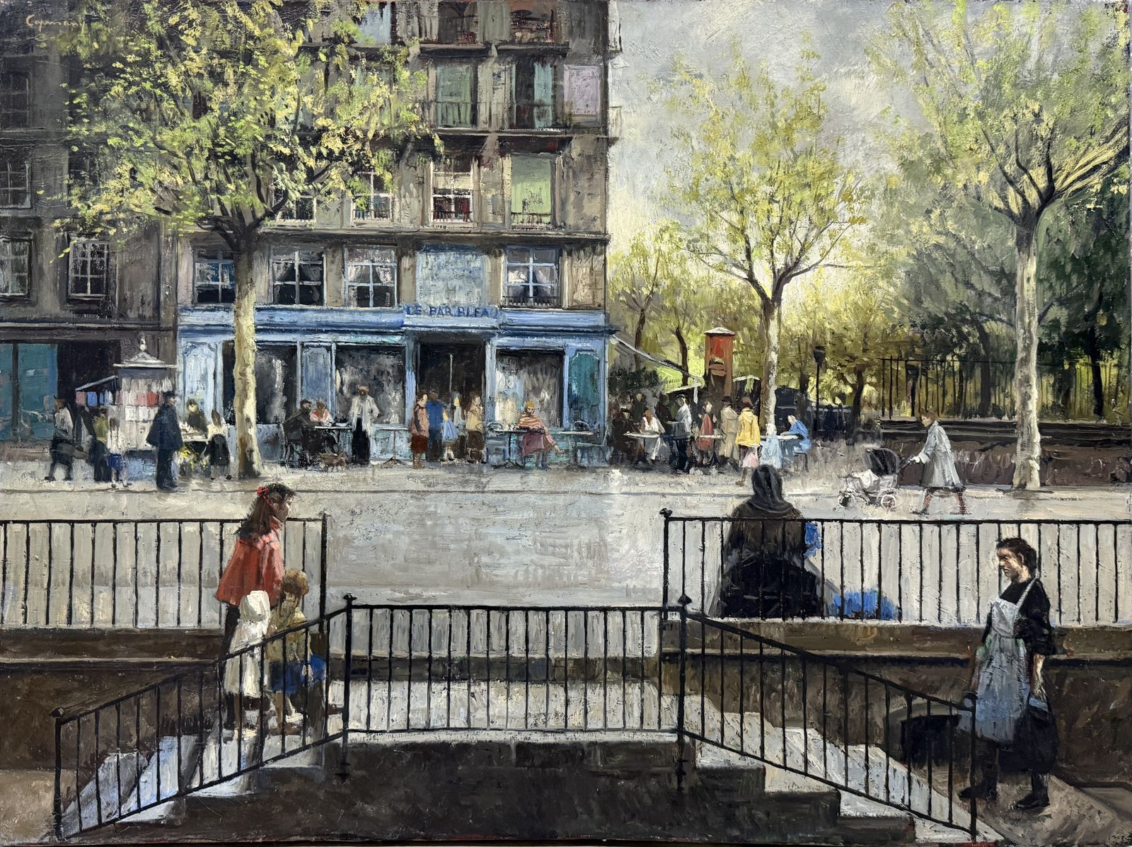 Ramón De Capmany Parijs Café Boulevard Straatscène Olieverfschilderij, Catalaans Stedelijk Stadsgezicht jaren 1970