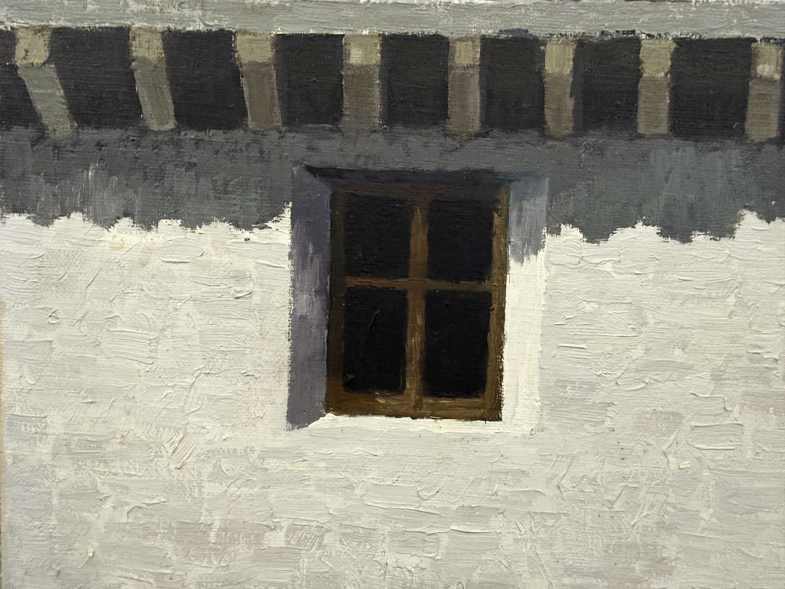 Josep Maria Vayreda Canadell, peinture à l'huile, village espagnol, maisons blanches et balcons en bois, années 1990 photo for sale