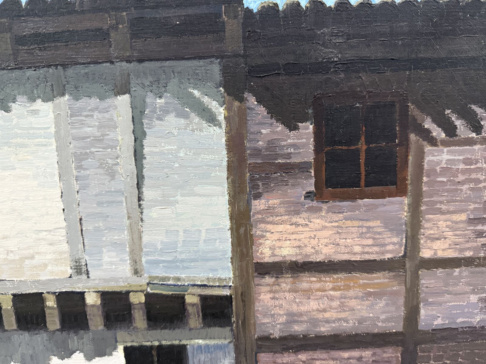 Josep Maria Vayreda Canadell, peinture à l'huile, village espagnol, maisons blanches et balcons en bois, années 1990 photo vinterior