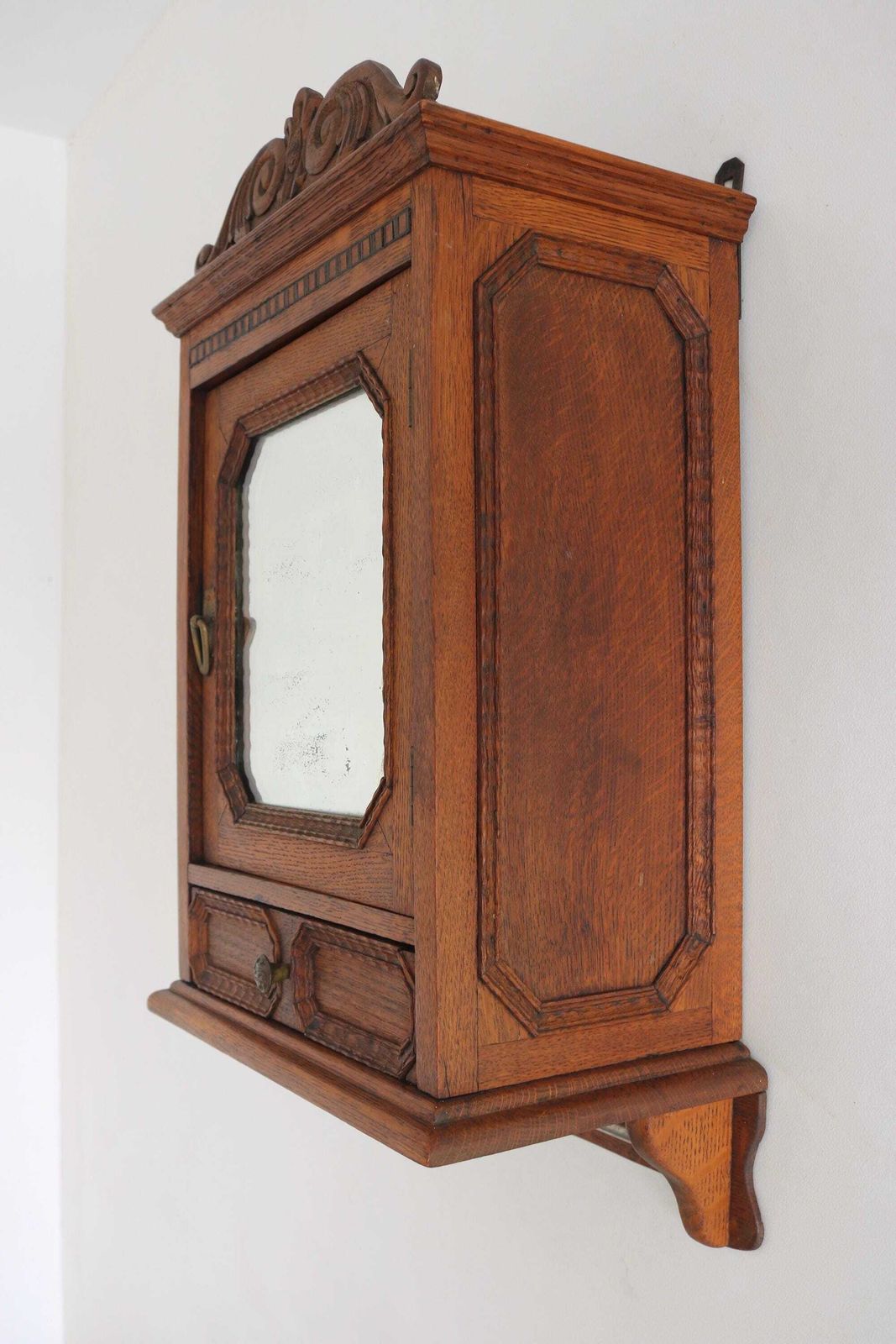 Antique Oak Bathroom Cabinet Mirror Wall Cabinet Secret Compartment Drawer photo vintage