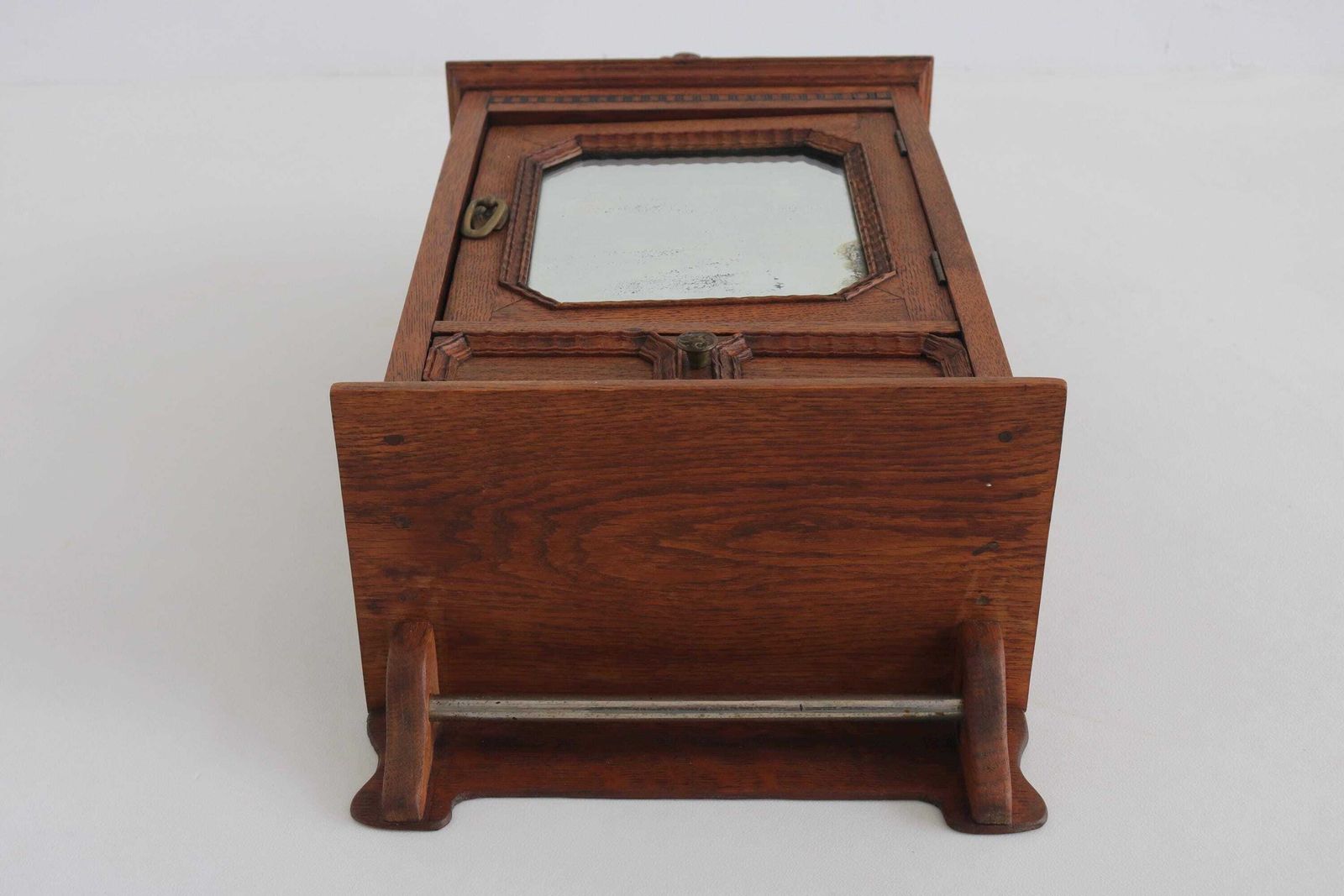 photo for sale Antique Oak Bathroom Cabinet Mirror Wall Cabinet Secret Compartment Drawer