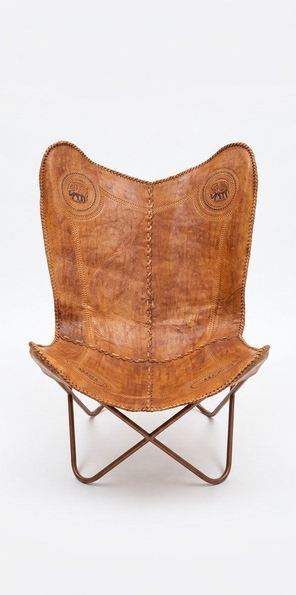 Set Of Hand Crafted Leather Butterfly Chair And Ottoman With Traditional Elephant Embossing photo for sale