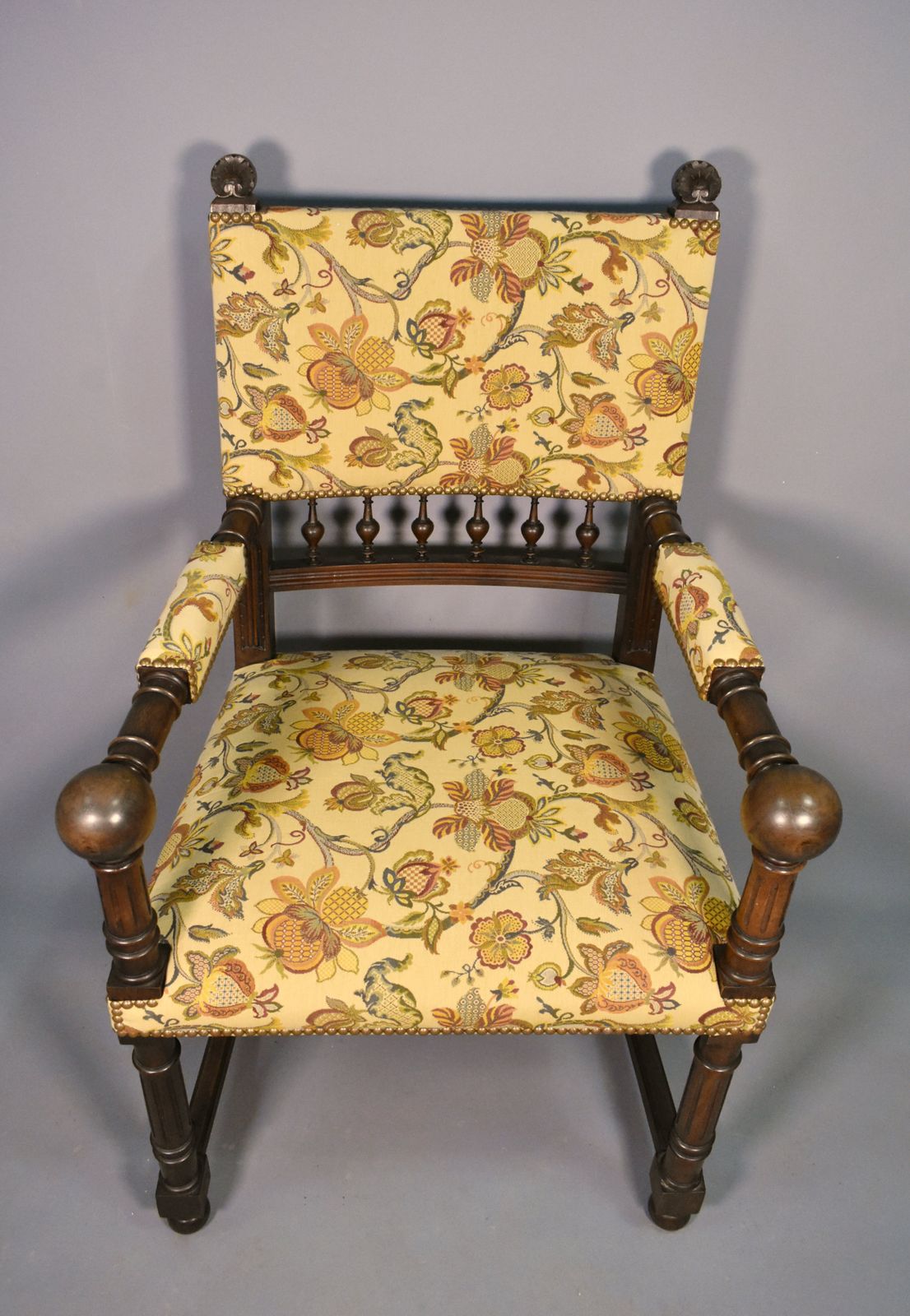 French Antique Upsholstered Armchair In Walnut Transitional Renaissance Revival photo vinterior