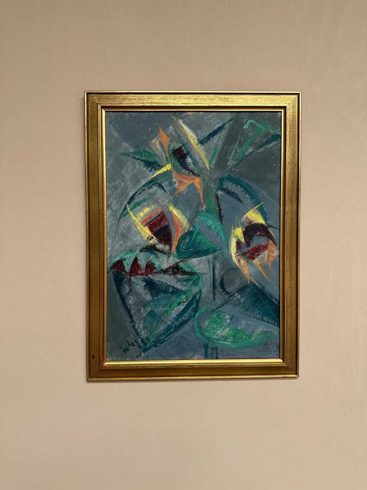 photo for sale Original Swedish Oil On Panel – “Abstract Still Life With Sunflowers” – Dated 1953 – Vintage & Framed – 53 × 70 Cm (20.9" × 27.6")