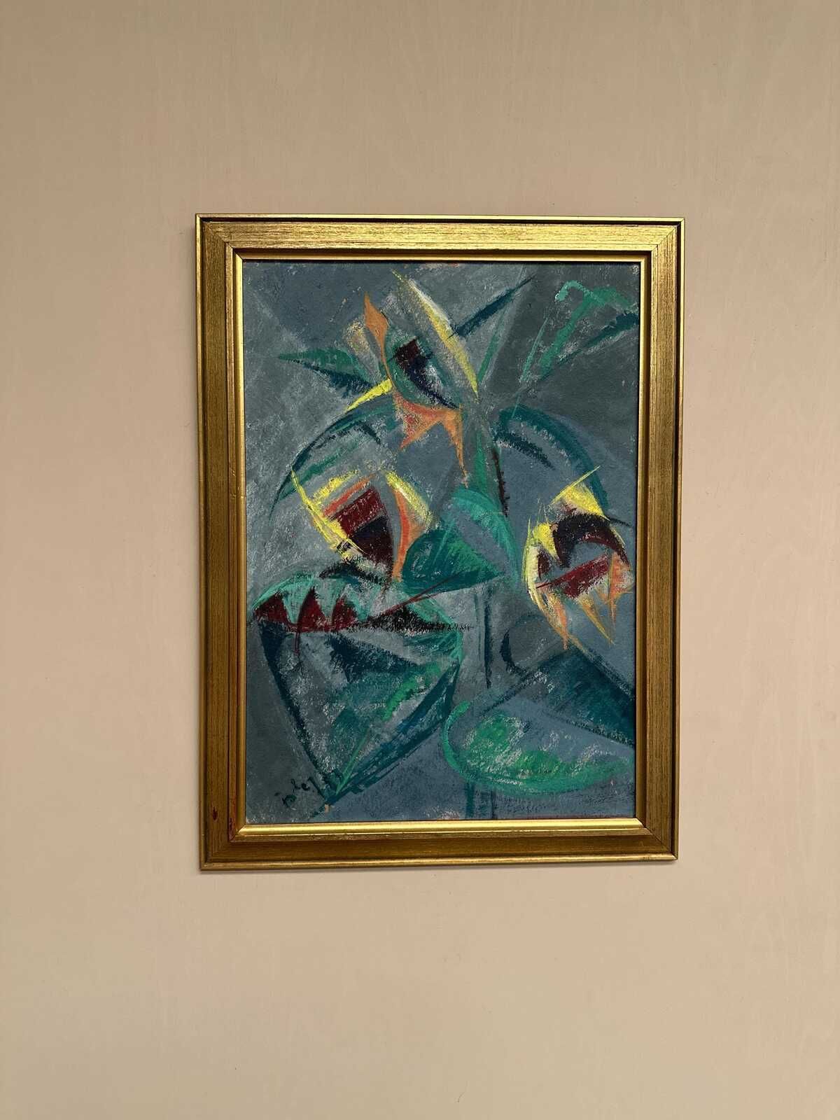 Art Original Swedish Oil On Panel – “Abstract Still Life With Sunflowers” – Dated 1953 – Vintage & Framed – 53 × 70 Cm (20.9" × 27.6") photo