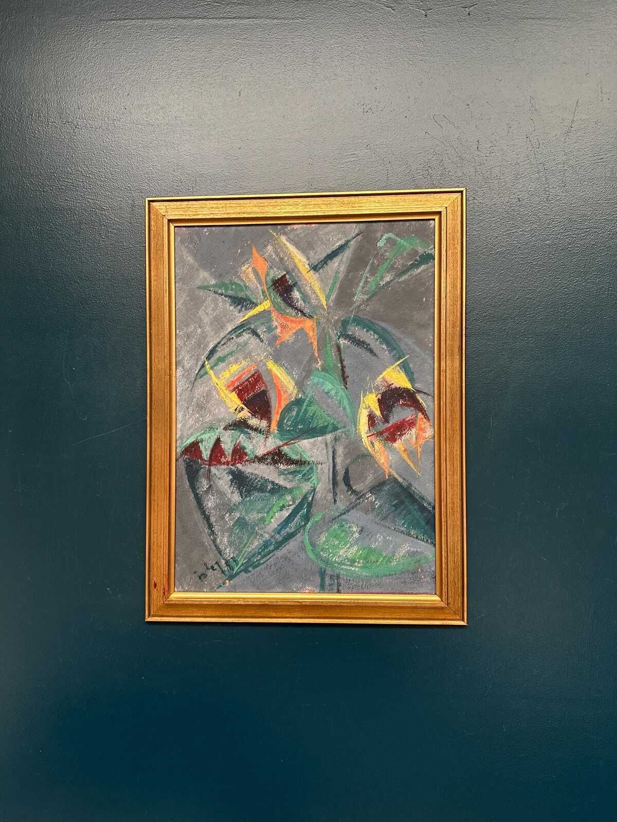 photo vintage Original Swedish Oil On Panel – “Abstract Still Life With Sunflowers” – Dated 1953 – Vintage & Framed – 53 × 70 Cm (20.9" × 27.6")