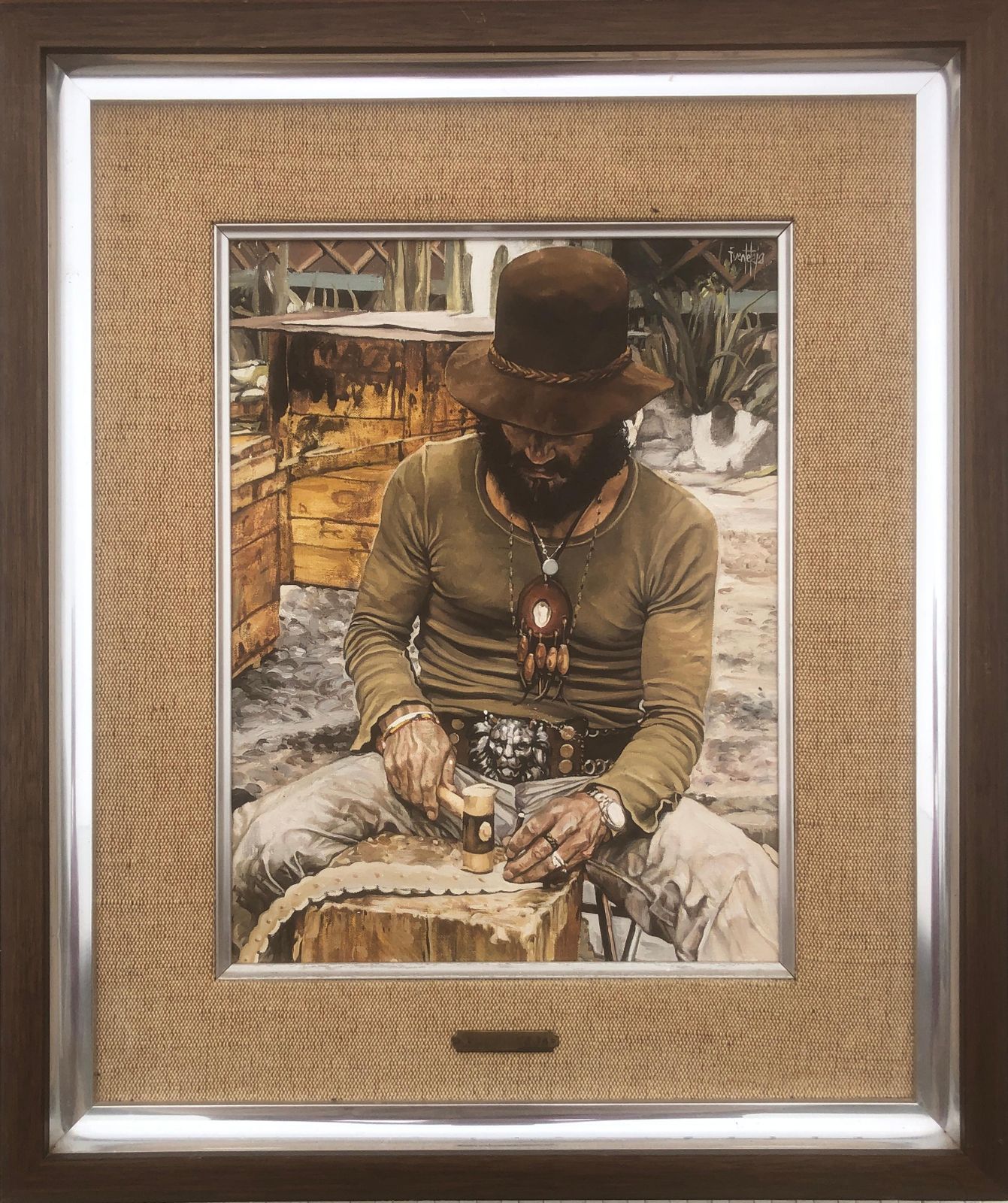 Portrait bohémien hippie José Luis Fuentetaja, peinture à l'huile réaliste méditerranéenne, art figuratif espagnol, vers 1980 photo furniture
