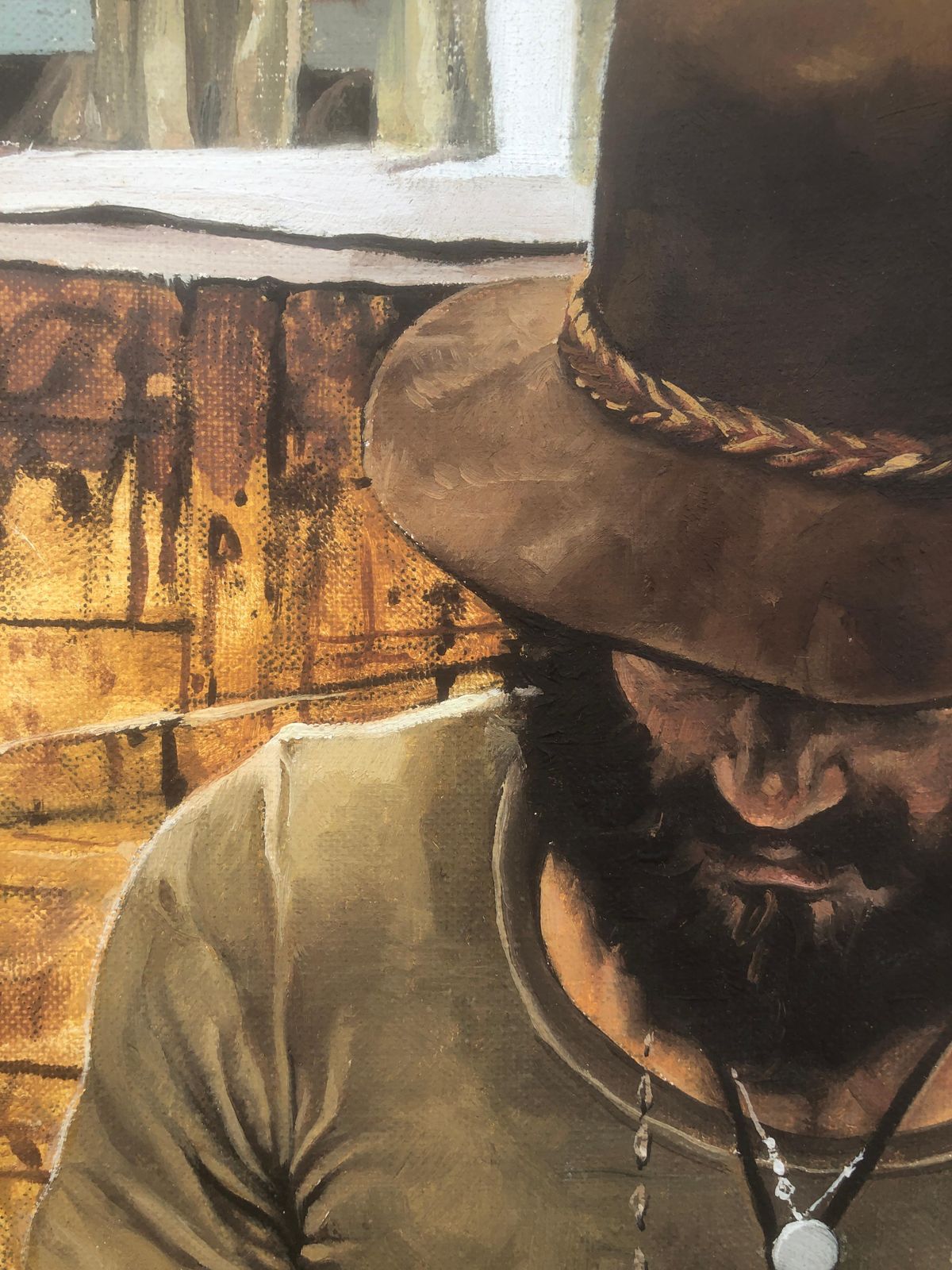 Portrait bohémien hippie José Luis Fuentetaja, peinture à l'huile réaliste méditerranéenne, art figuratif espagnol, vers 1980 photo buy