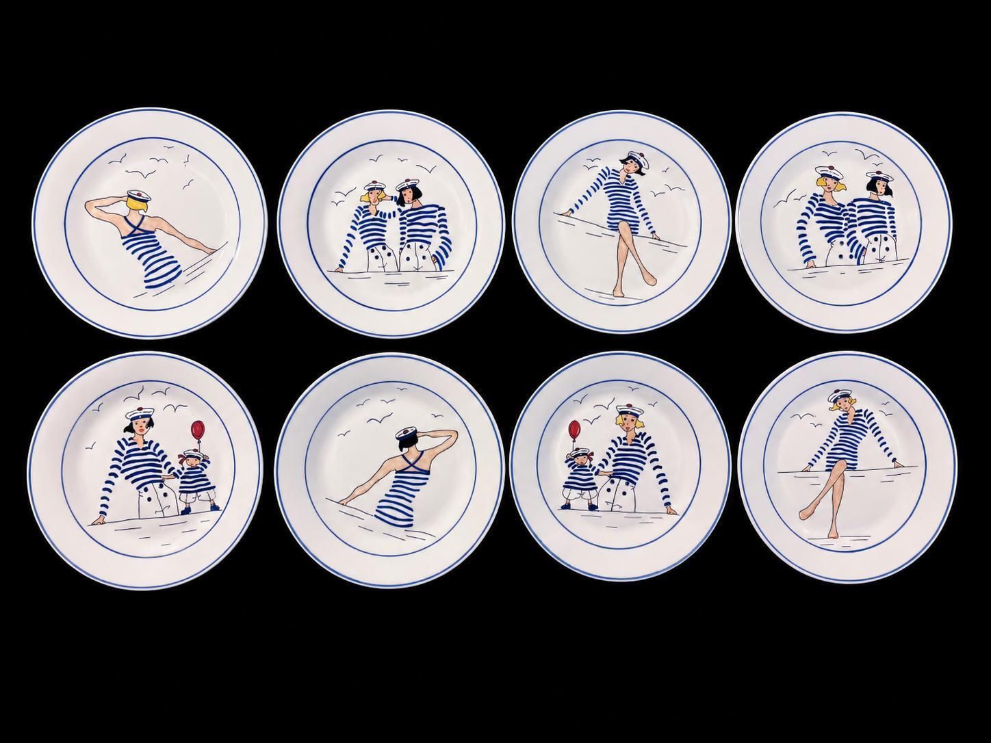 Set Of 8 Hand Painted French Porcelain Plates, Rue Du Port Inspired Sailor Dessert Plates, Nautical Coastal Tableware