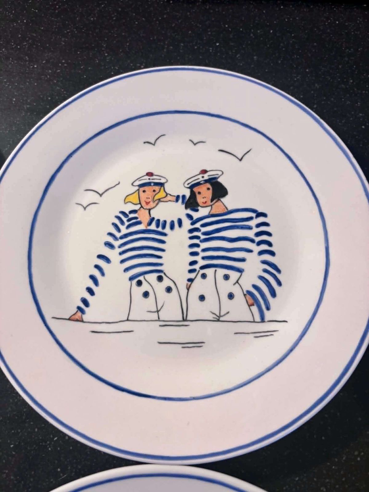 Set Of 8 Hand Painted French Porcelain Plates, Rue Du Port Inspired Sailor Dessert Plates, Nautical Coastal Tableware photo buy