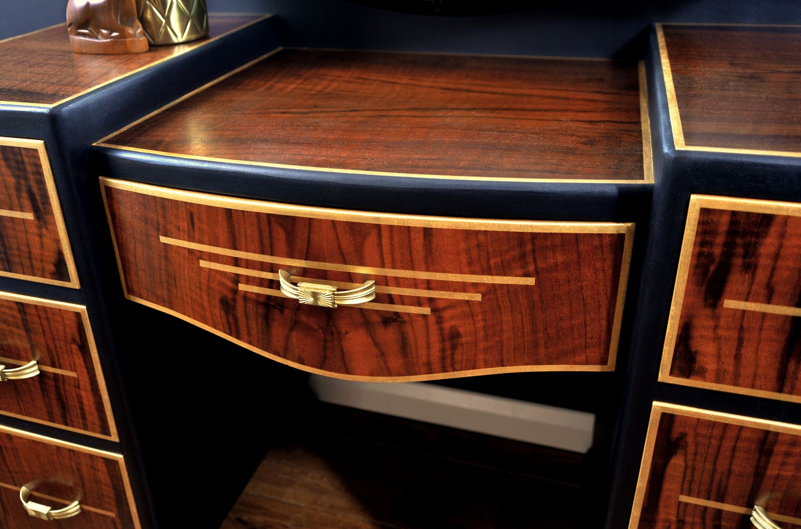 Art Deco Walnut Burr Dressing Table In Black And Gold. photo for sale