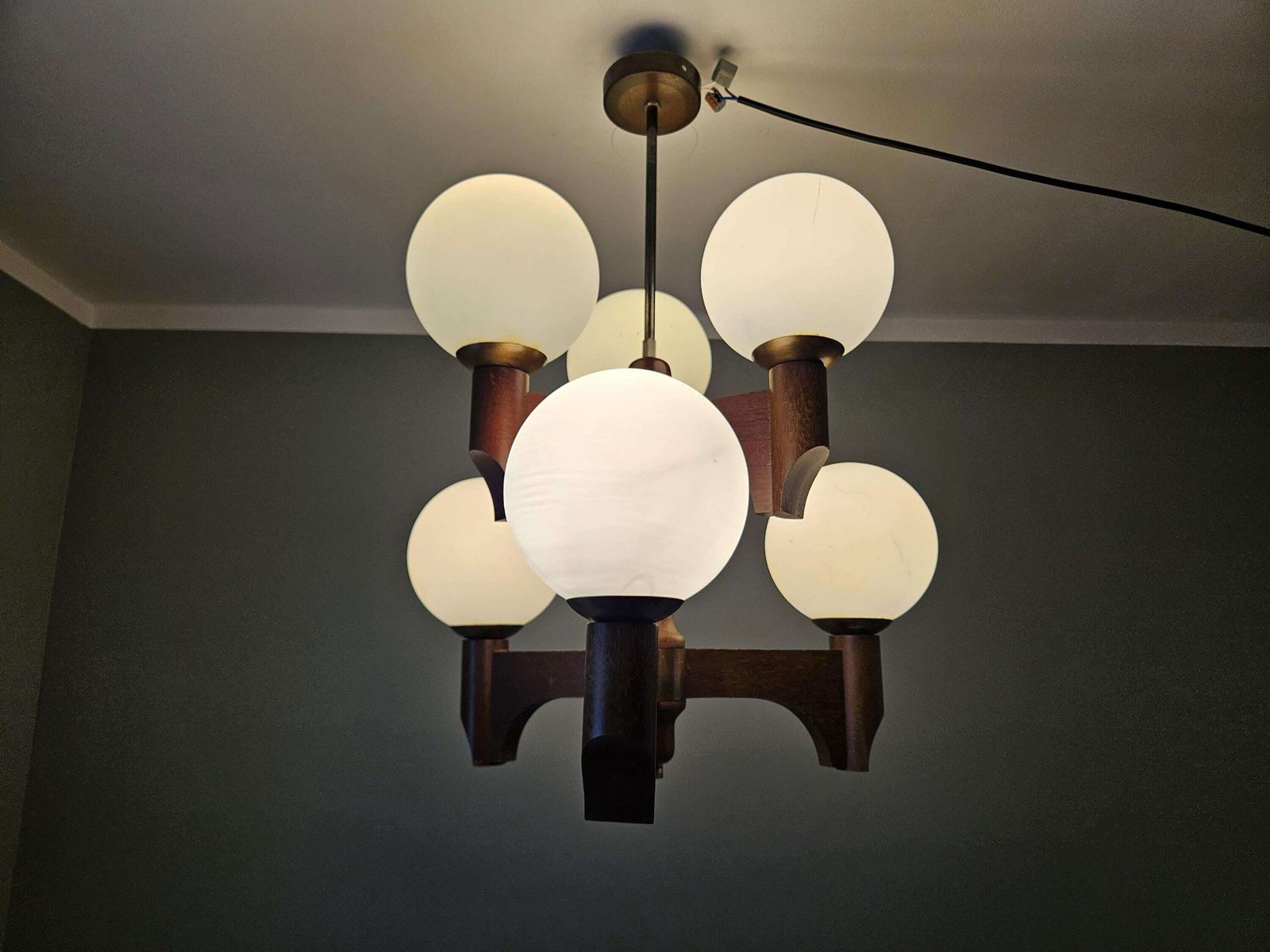 Vintage Mid Century Modern Wooden Chandelier With 6 Opal Glass Globes | 6 X E14 photo furniture