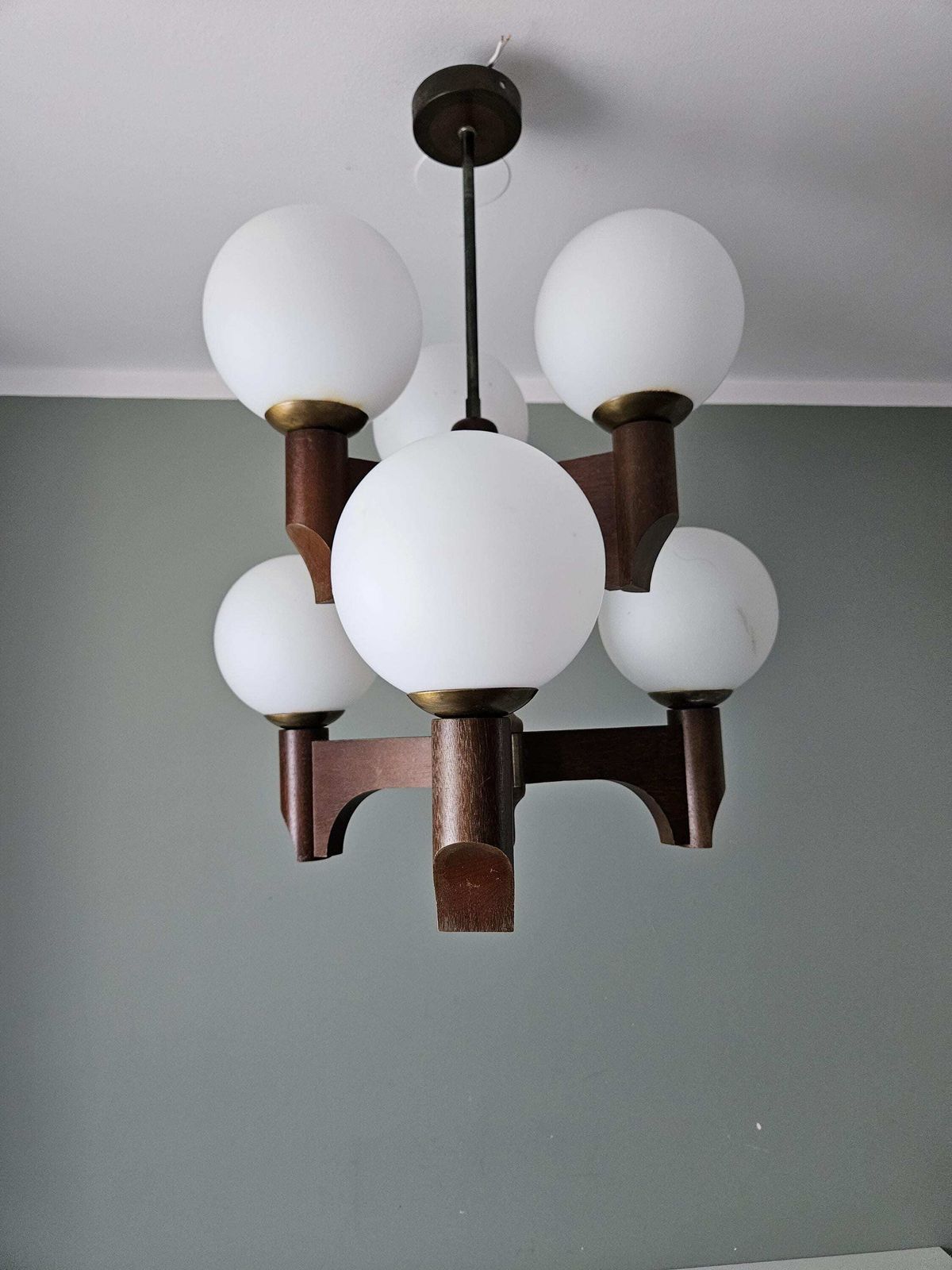 photo for sale Vintage Mid Century Modern Wooden Chandelier With 6 Opal Glass Globes | 6 X E14