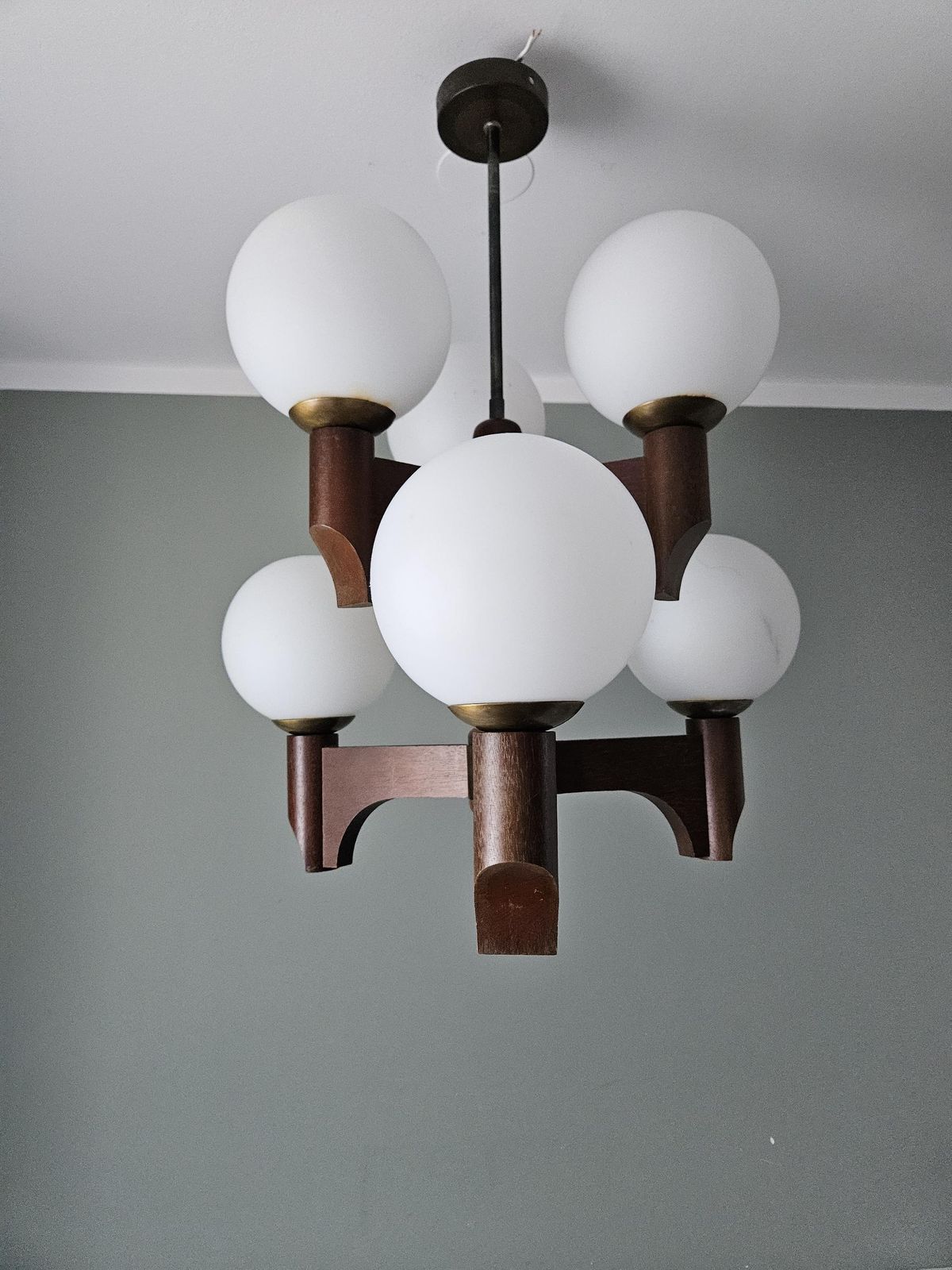 180.0 Vintage Mid Century Modern Wooden Chandelier With 6 Opal Glass Globes | 6 X E14 photo