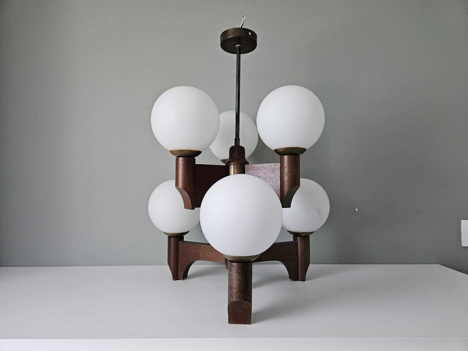 photo buy Vintage Mid Century Modern Wooden Chandelier With 6 Opal Glass Globes | 6 X E14