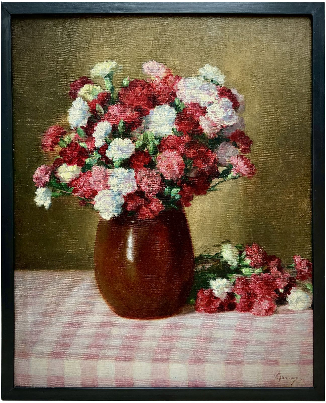 'Bouquet Of Carnations On A Gingham Tablecloth' door Victor Abeloos (1881 – 1965)