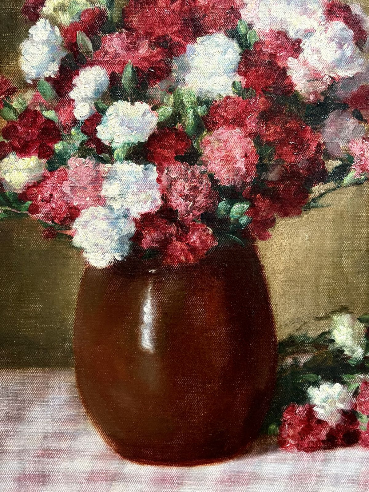 'Bouquet Of Carnations On A Gingham Tablecloth' door Victor Abeloos (1881 – 1965) photo Kunst