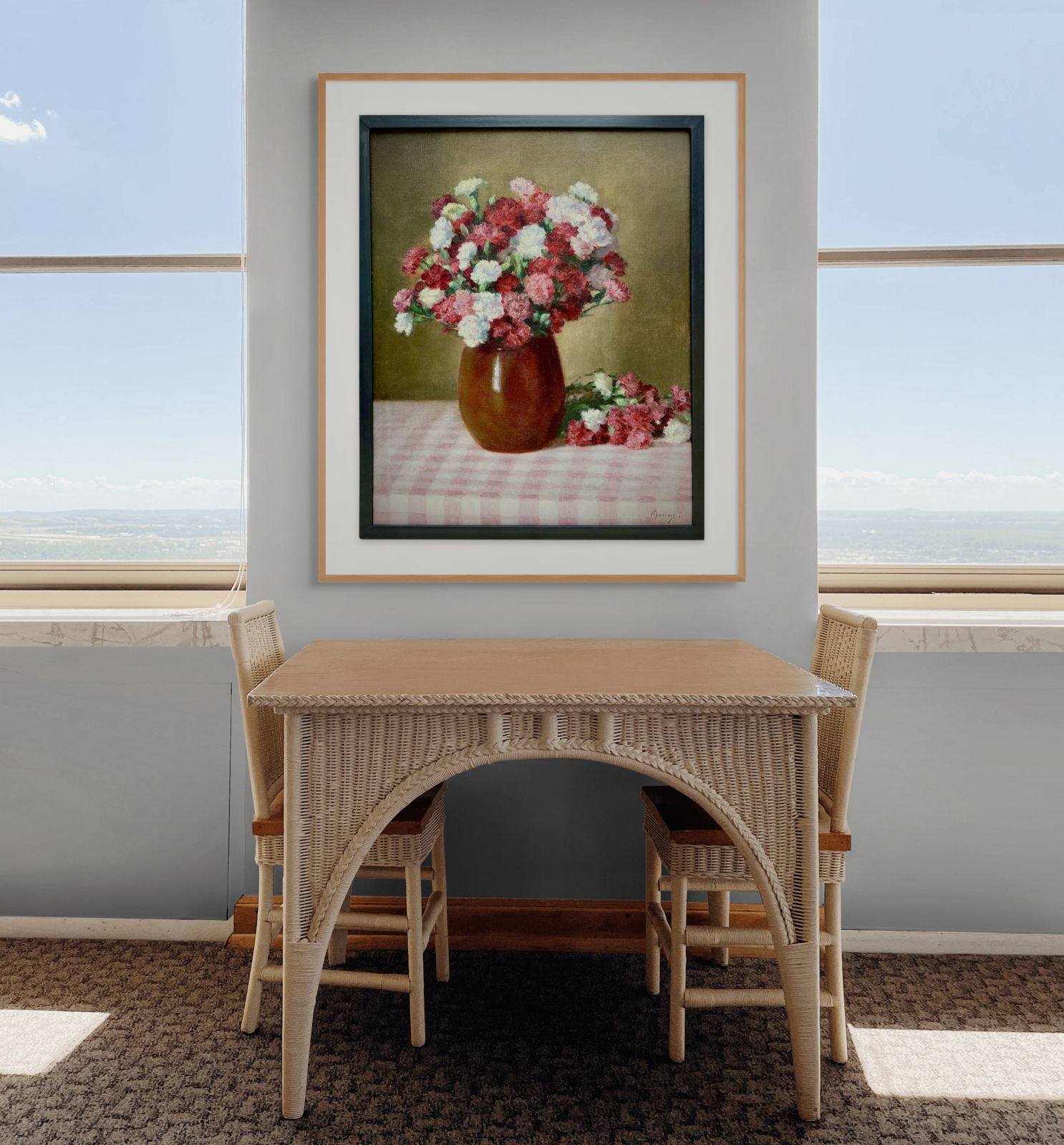 photo vinterior 'Bouquet Of Carnations On A Gingham Tablecloth' door Victor Abeloos (1881 – 1965)