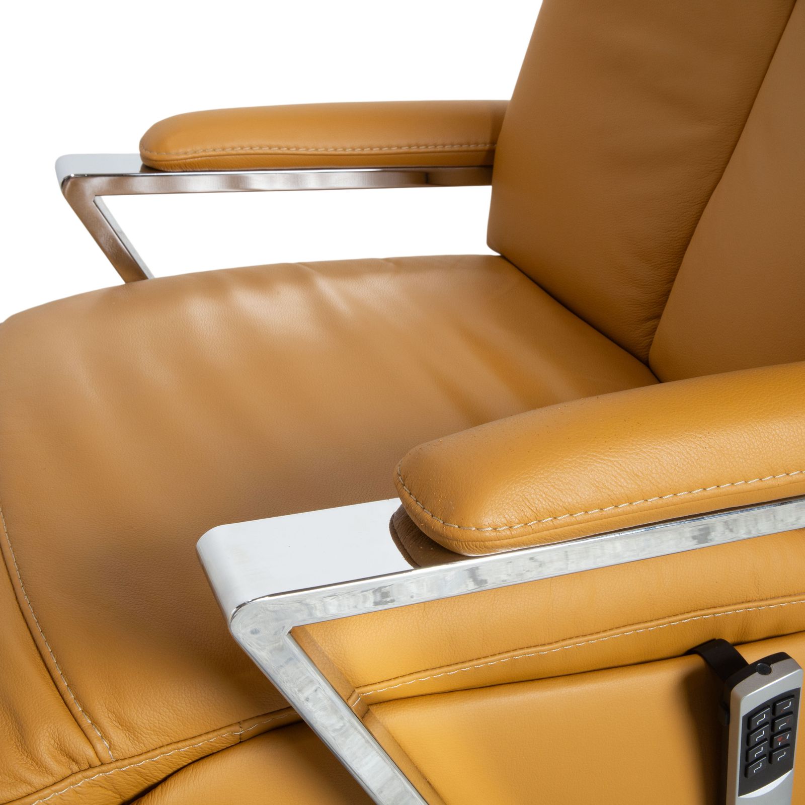 Fauteuil Willi Schillig en cuir ocre orange, fonction électrique pivotant photo vinterior