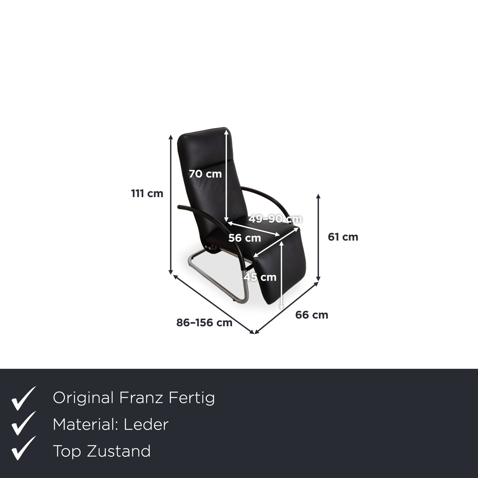 Fauteuil relax Franz Fertig Fino en cuir noir, fonction manuelle d'inclinaison photo furniture