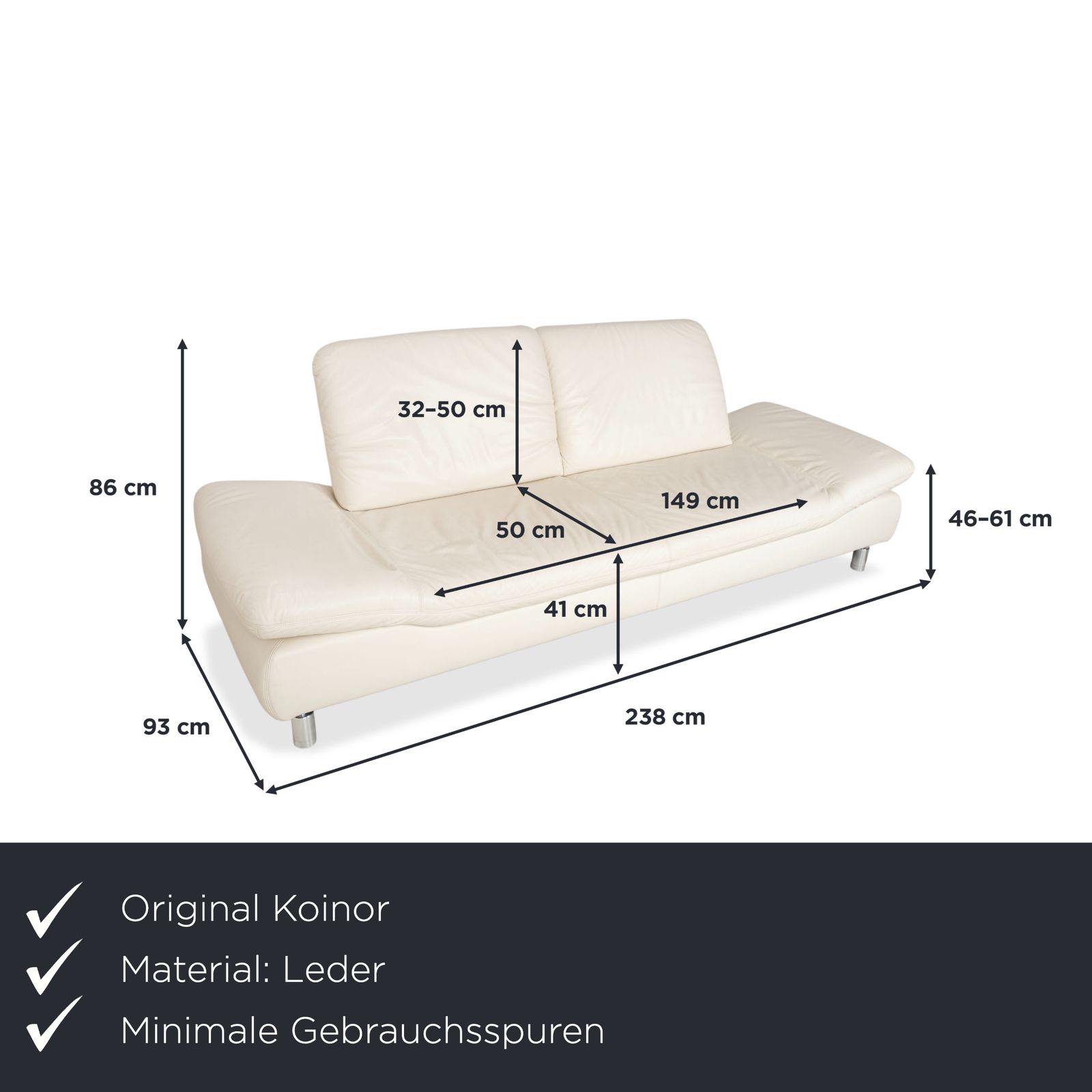 Canapé 3 places Koinor Rivoli en cuir blanc crème, fonction manuelle photo furniture