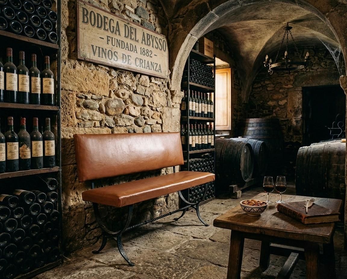 Banquette espagnole rustique et vintage, revêtement cuir et piétement en fer forgé photo for sale