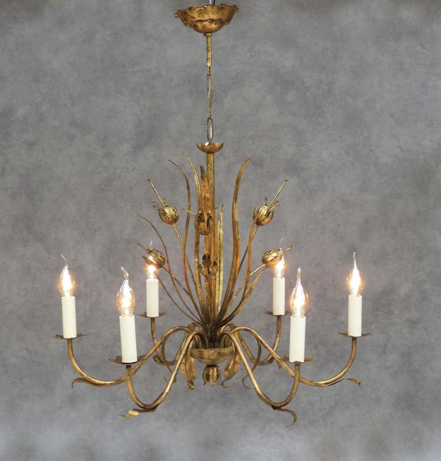 Mid Century Spanish Gilt Tôle Botanical Six Light Chandelier C1950s photo Lighting