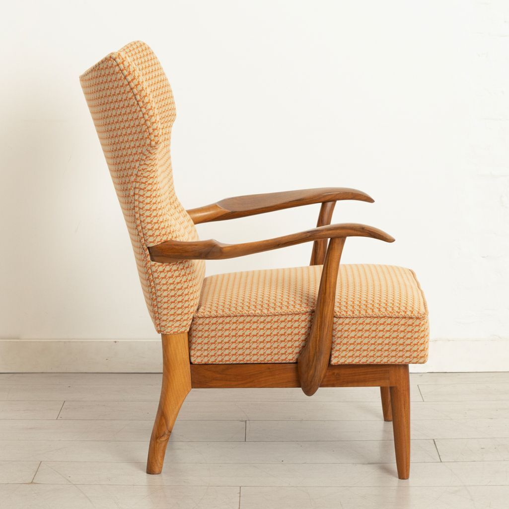 Midcentury Walnut Chair Reupholstered In Hermes Orange Cheval Pixel Fabric photo for sale