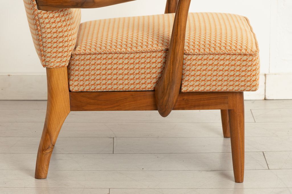 photo furniture Midcentury Walnut Chair Reupholstered In Hermes Orange Cheval Pixel Fabric