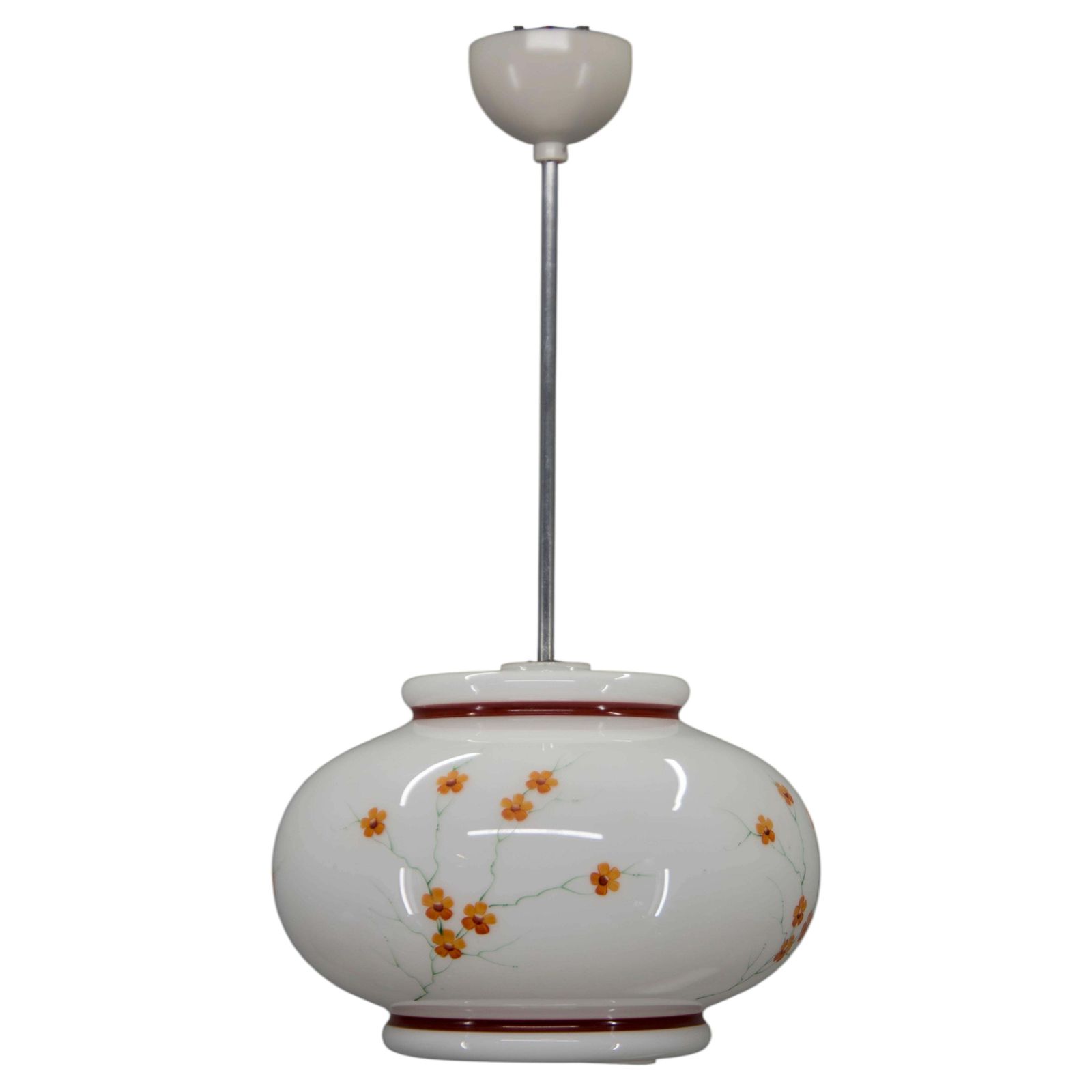 Handschilderd melkglas hanglamp uit de jaren 1970 – Mid-Century Vintage