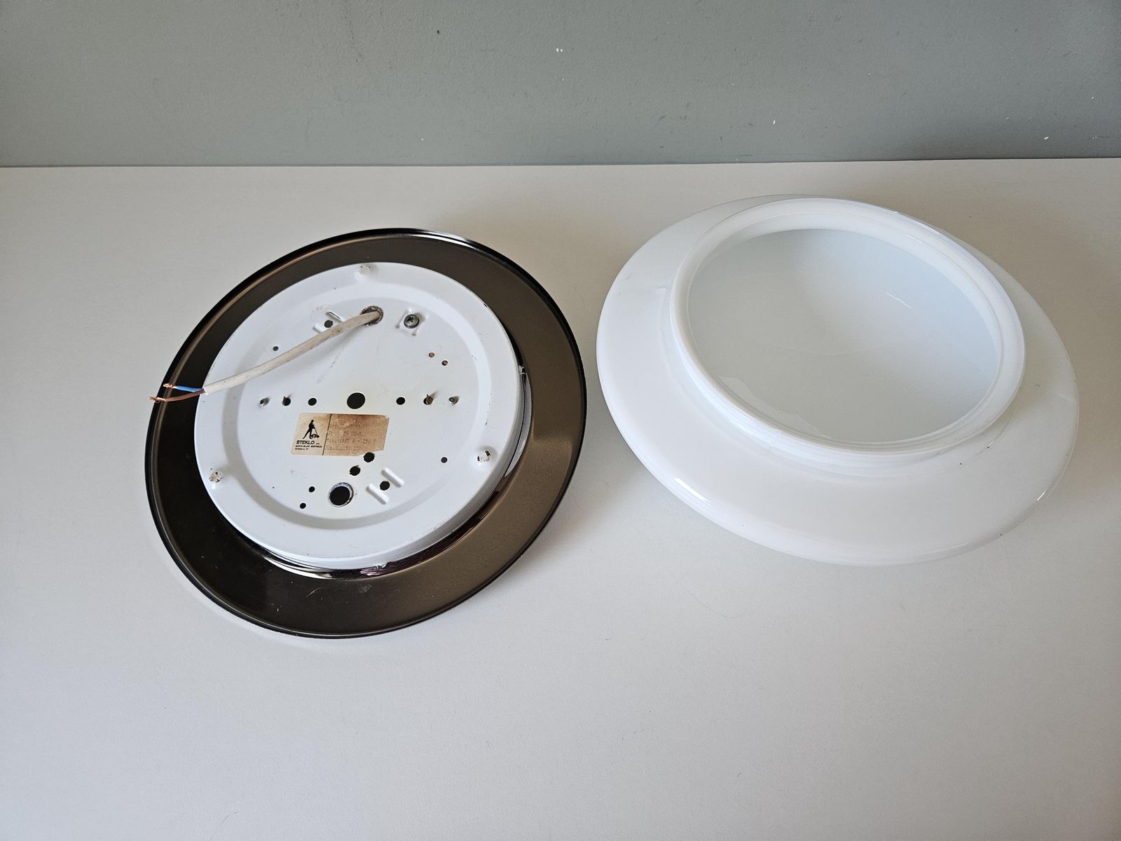 Vintage Minimalist Flush Mount Ceiling Light | Opaline Glass & Chrome | Mid Century Modern photo buy