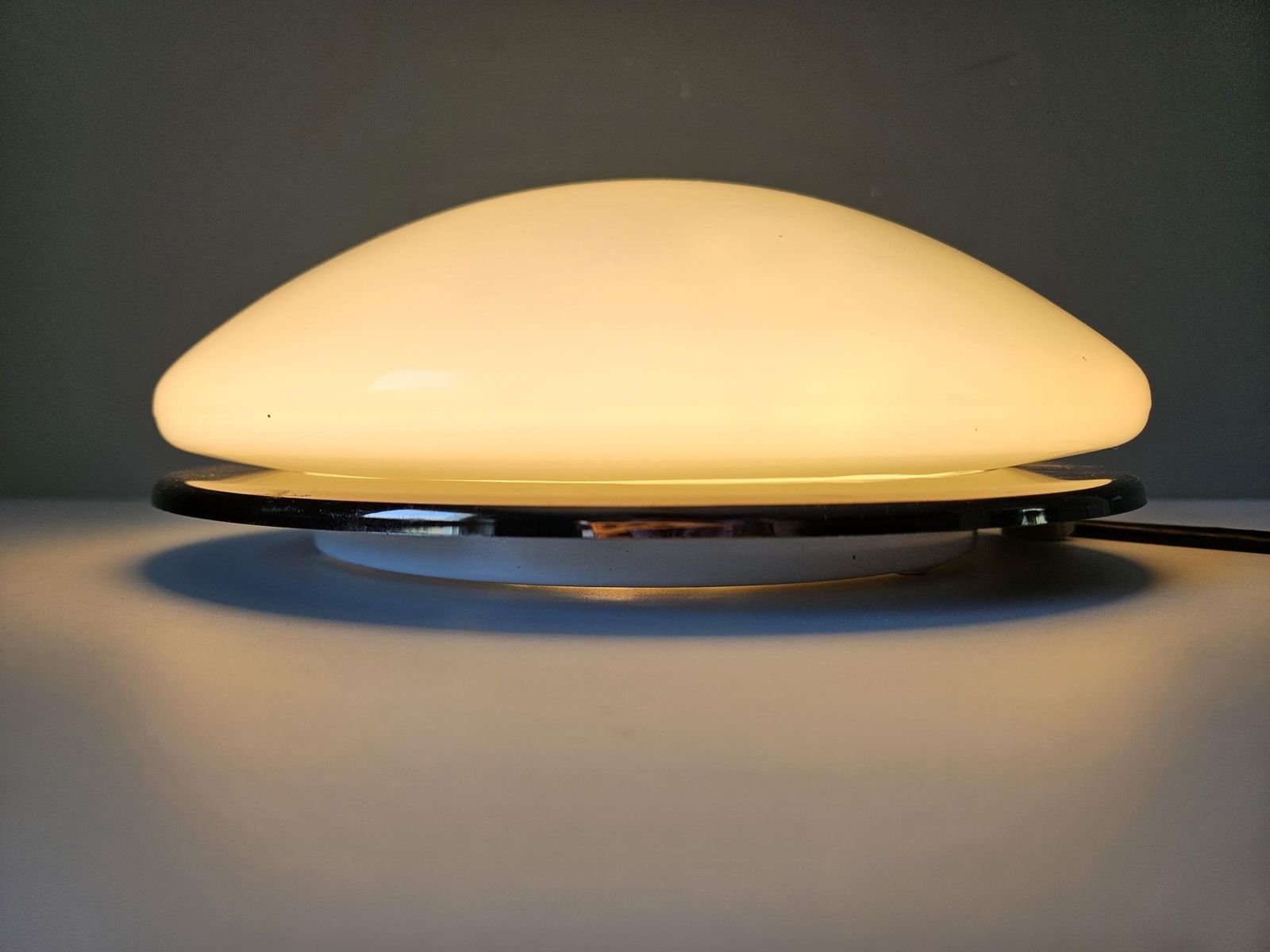 Vintage Minimalist Flush Mount Ceiling Light | Opaline Glass & Chrome | Mid Century Modern photo vintage