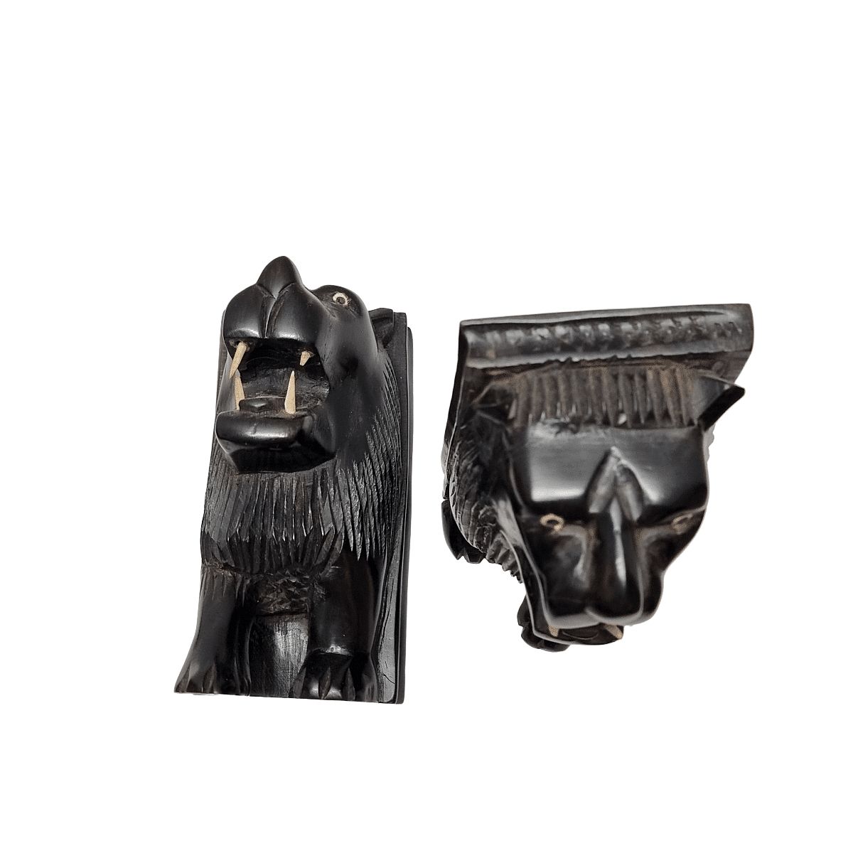 African Ebony Bookends | Hand Carved Lions 1970s photo vinterior