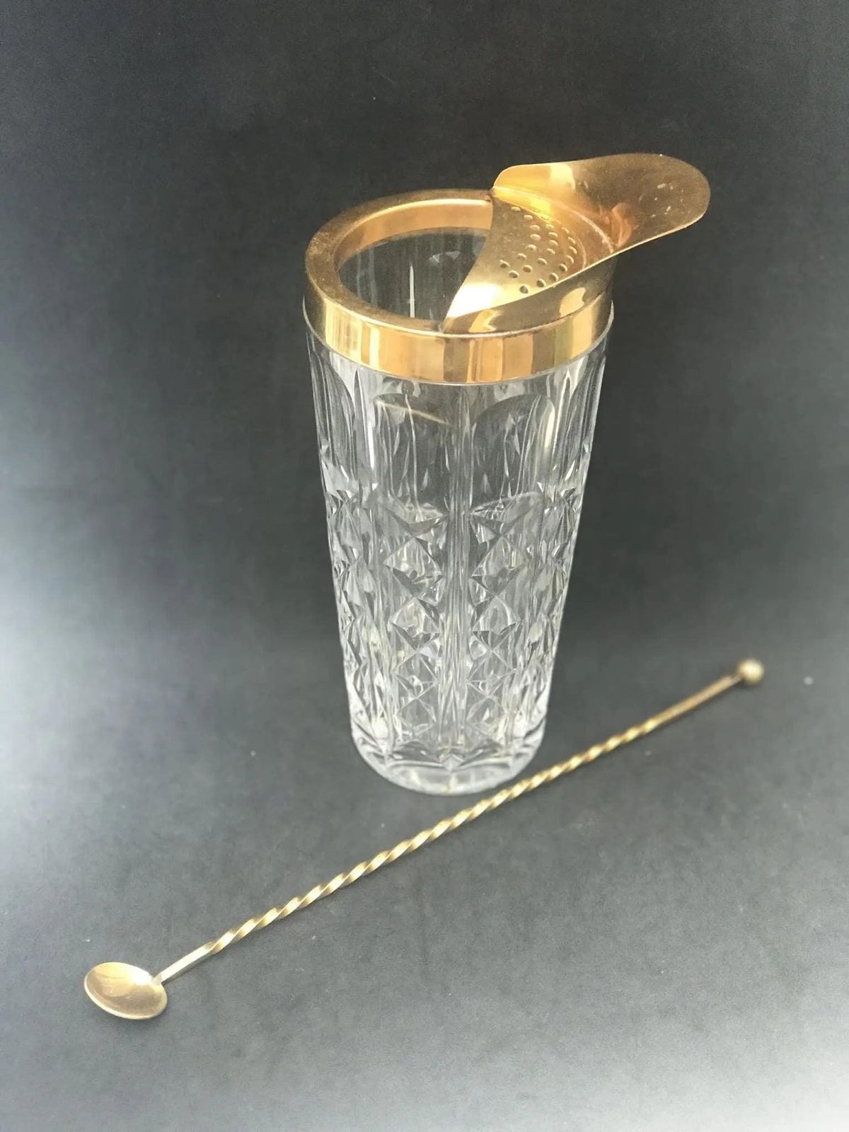 Val Saint Lambert Crystal Cocktail Pitcher: Mid Century Barware With Golden Rim With Spoon photo Home Decor