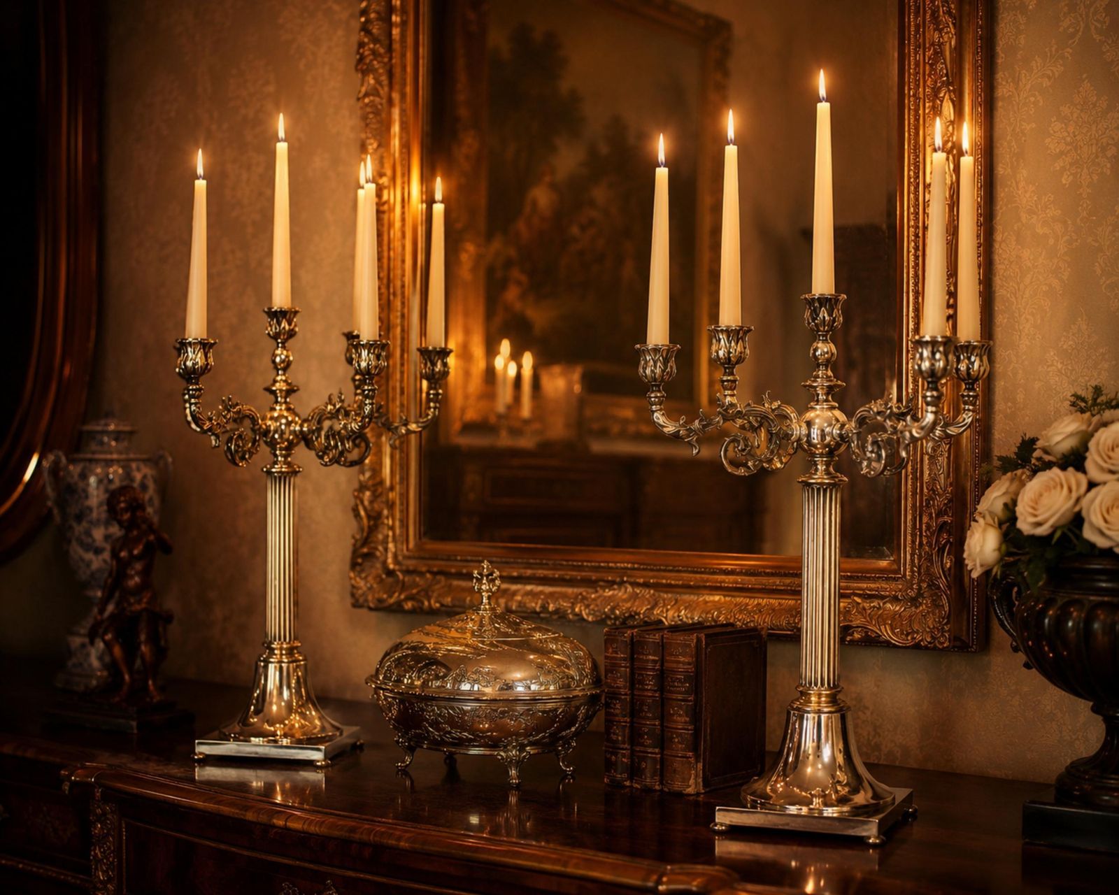 Pair Of Antique Candle Holder Swedish Silver Plate Decorative Luxury Candelabra photo for sale